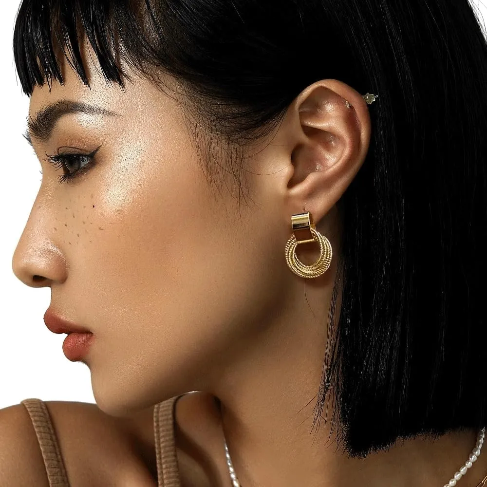 9 Pairs Gold Dangle Hoop Earrings Round Hammered Earrings for Women,Statement RetroGeometric Drop Earrings Multiple Styles Jewelry