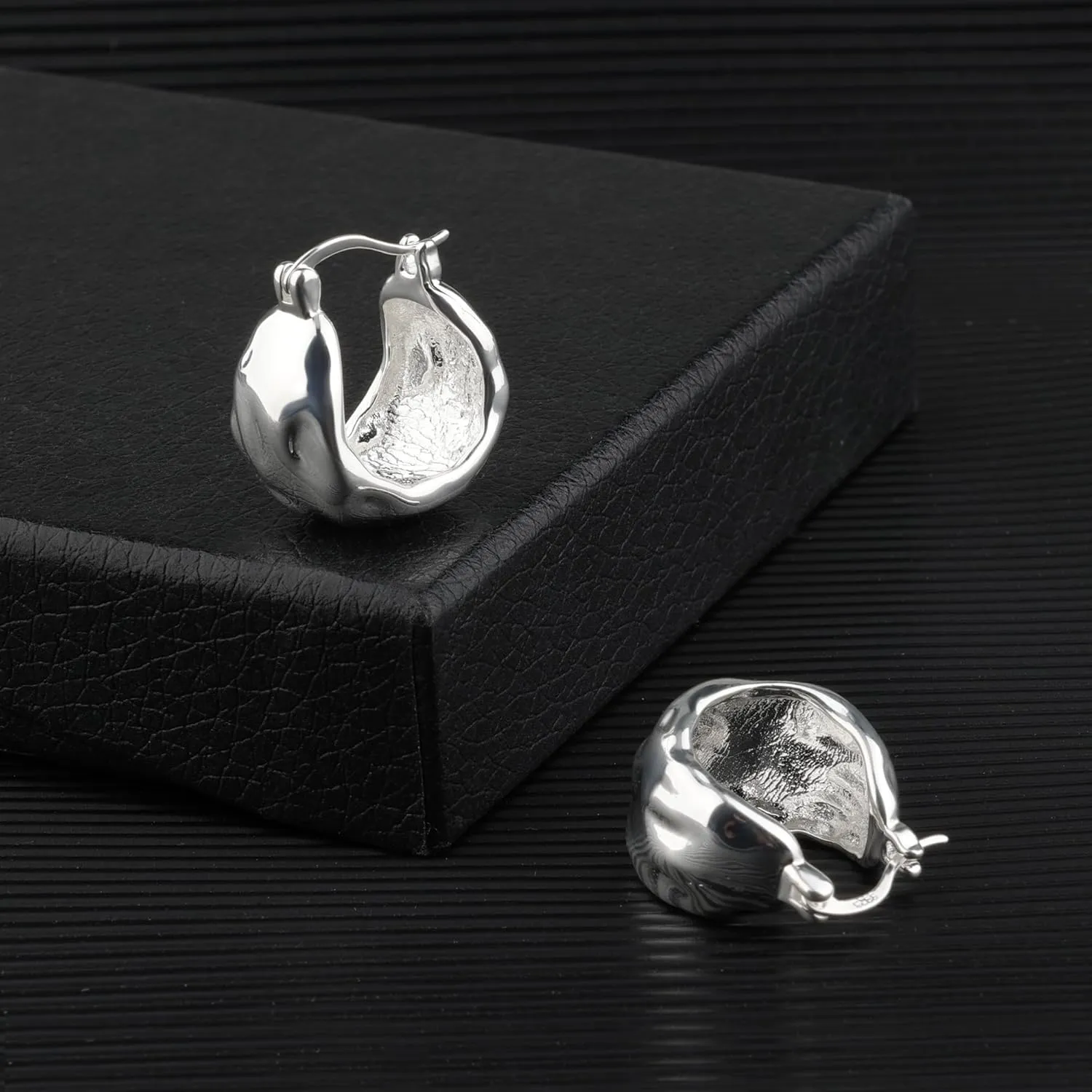 925 Sterling Silver Earrings Hammered Small Chunky Hoop Earrings for Women Hypoallergenic Texture Thick Hoop Earrings Wide Hoop Earrings