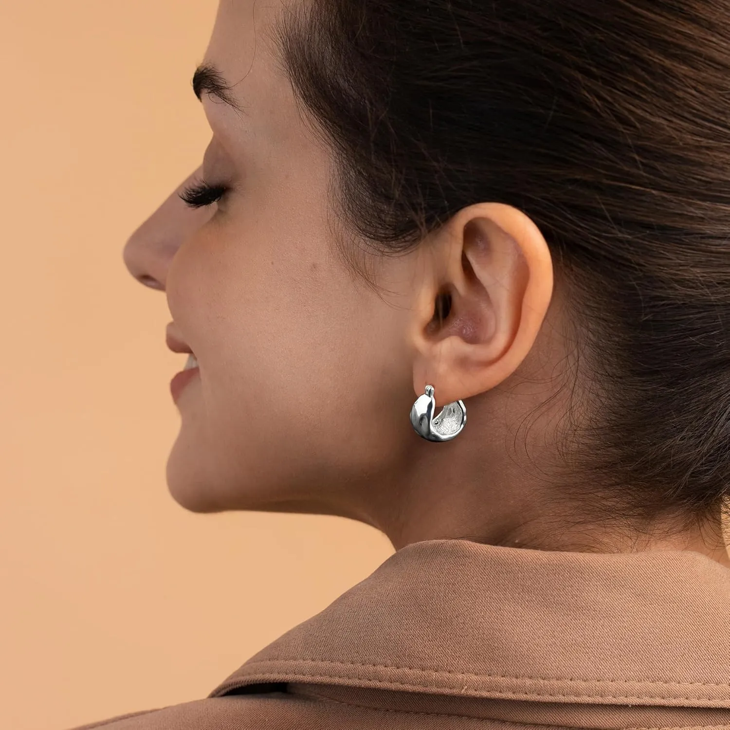 925 Sterling Silver Earrings Hammered Small Chunky Hoop Earrings for Women Hypoallergenic Texture Thick Hoop Earrings Wide Hoop Earrings