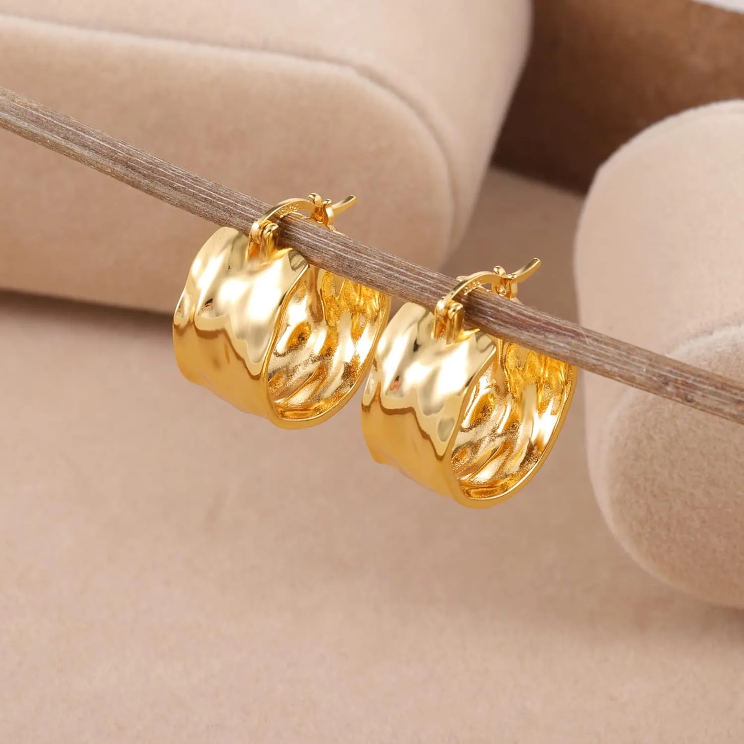925 Sterling Silver Earrings Hammered Small Chunky Hoop Earrings for Women Hypoallergenic Texture Thick Hoop Earrings Wide Hoop Earrings