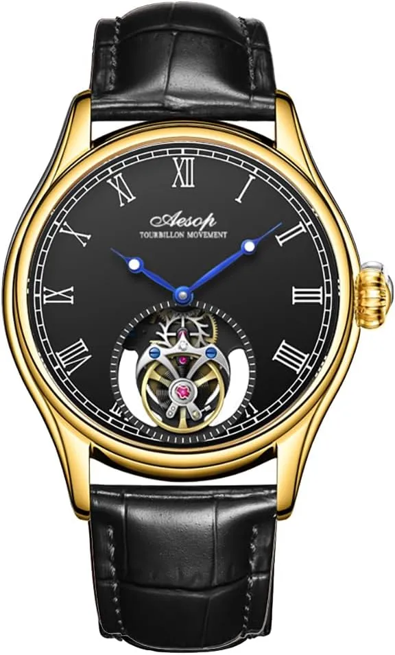 Aesop 7061 Watch for Business Men Waterproof Mechanical Watches Flying Tourbillon Male Skeleton Man Brand Luxury Clocks 2023 New (Gold Black, Leather)