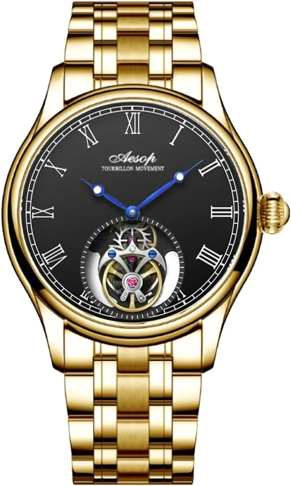 Aesop 7061 Watch for Business Men Waterproof Mechanical Watches Flying Tourbillon Male Skeleton Man Brand Luxury Clocks 2023 New (Gold Black, Silver)