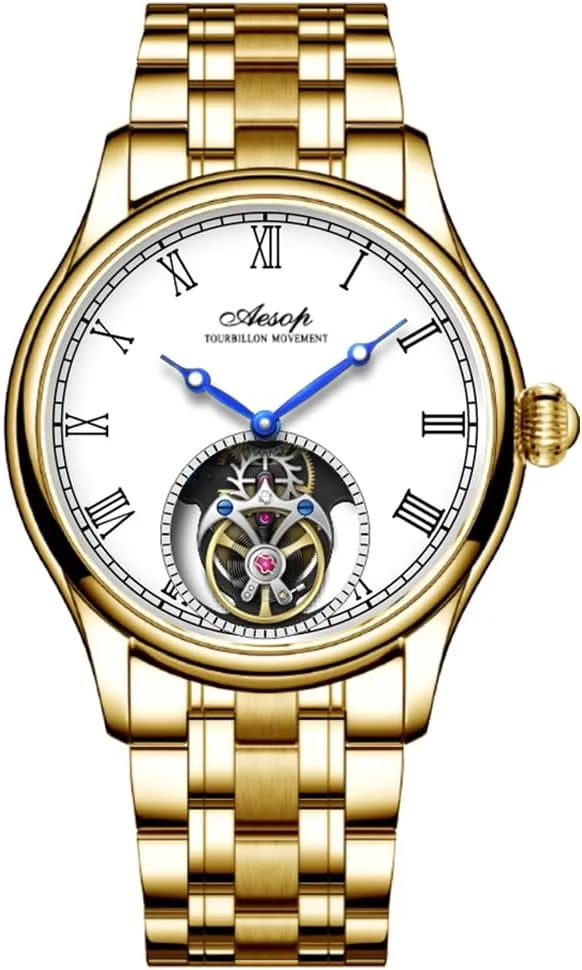 Aesop 7061 Watch for Business Men Waterproof Mechanical Watches Flying Tourbillon Male Skeleton Man Brand Luxury Clocks 2023 New (Gold White, Silver)