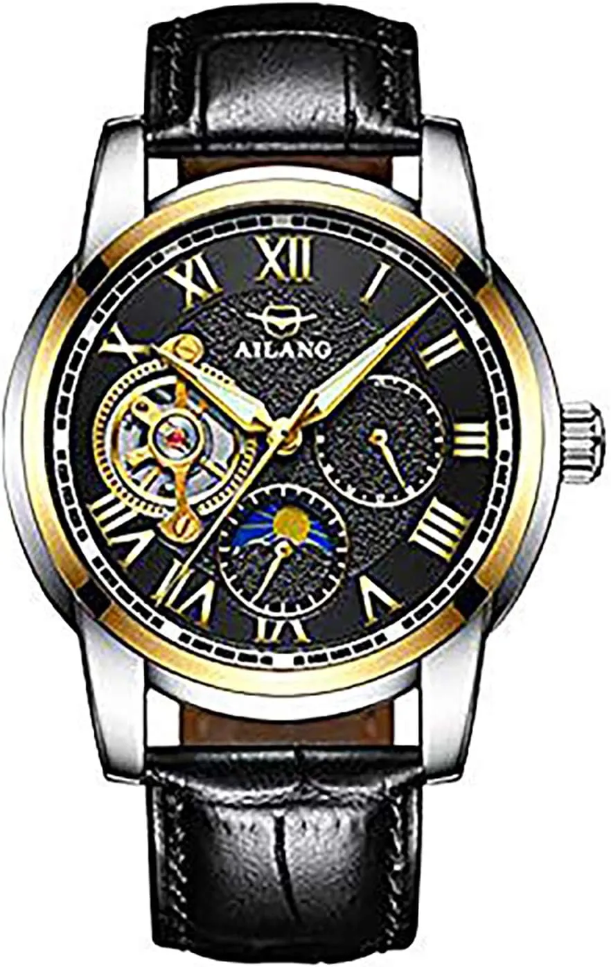 AILANG Famous Brand Watch 2018 New Luxury Men Automatic Mechanical Watches Rose Gold Case Blue Dial Leather Strap Moon Phase -529