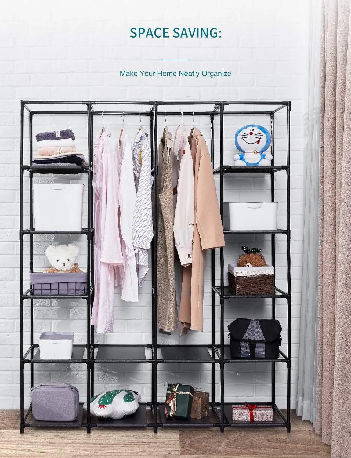 AOOU Closet Organizer Wardrobe Closet Portable Closet, Closet Organizers and Storage with Non-Woven Fabric, Easy to Assemble, 56 x 18.5 x 66 inches, Black