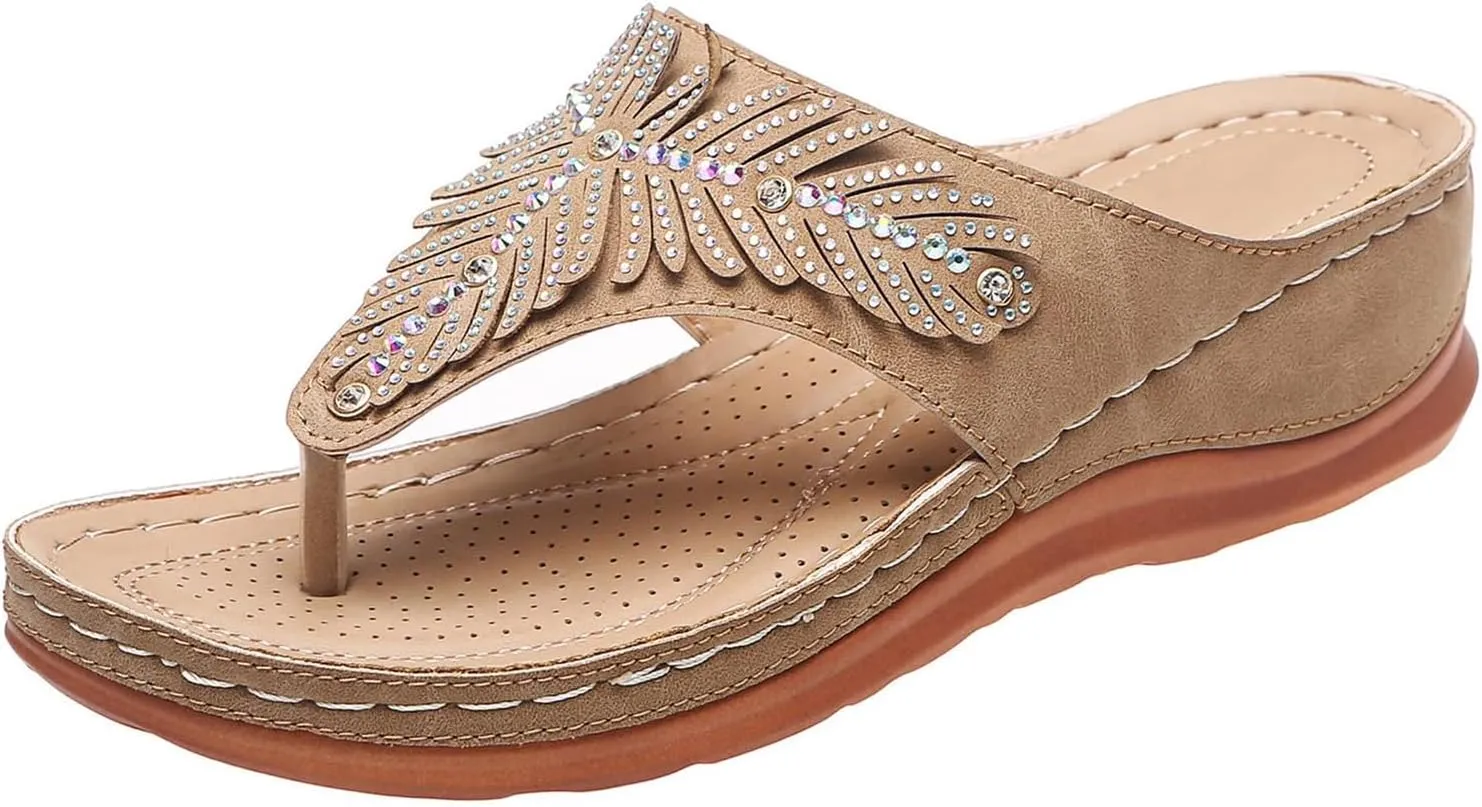 Arch Support Sandals Women's Dressy Orthopedic Comfortable Summer Flip Flop Peep Toe Hollow Out Wedge Flip Flops Casual Adjustable Breathable Walking Rhinestones Slippers