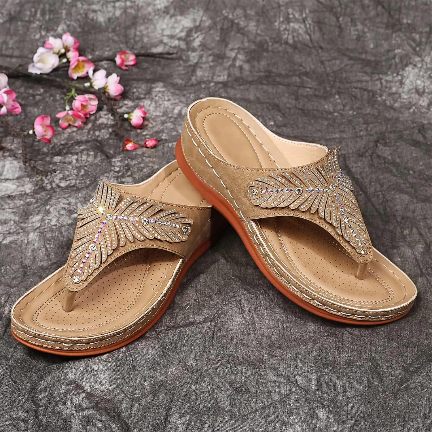 Arch Support Sandals Women's Dressy Orthopedic Comfortable Summer Flip Flop Peep Toe Hollow Out Wedge Flip Flops Casual Adjustable Breathable Walking Rhinestones Slippers