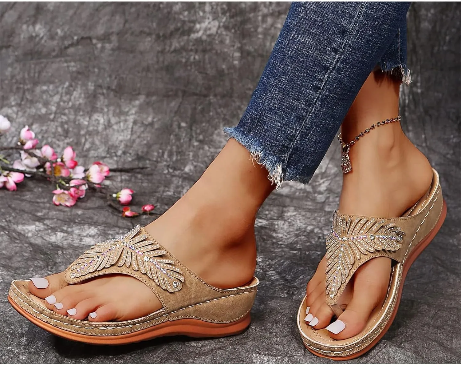 Arch Support Sandals Women's Dressy Orthopedic Comfortable Summer Flip Flop Peep Toe Hollow Out Wedge Flip Flops Casual Adjustable Breathable Walking Rhinestones Slippers