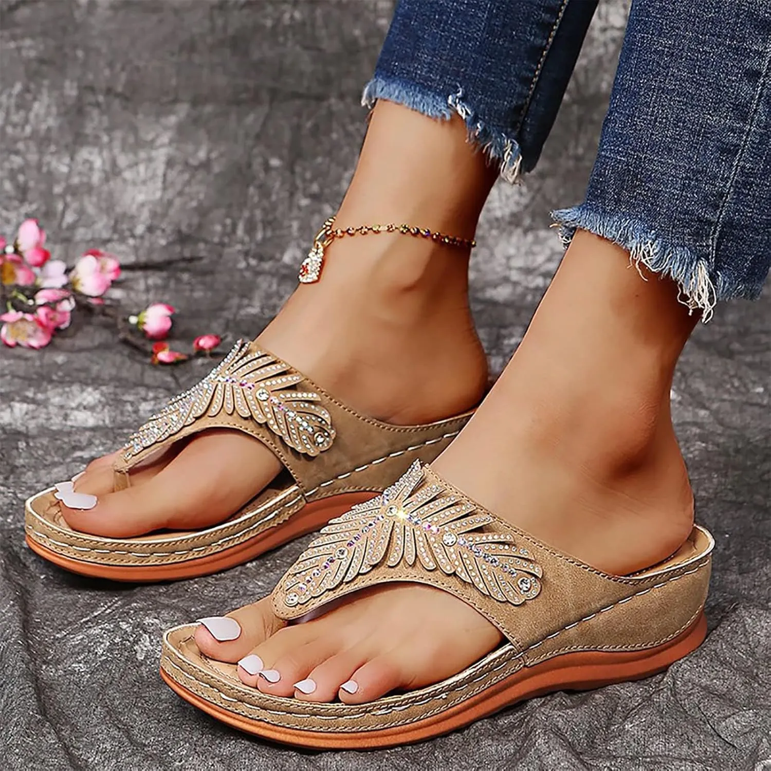 Arch Support Sandals Women's Dressy Orthopedic Comfortable Summer Flip Flop Peep Toe Hollow Out Wedge Flip Flops Casual Adjustable Breathable Walking Rhinestones Slippers