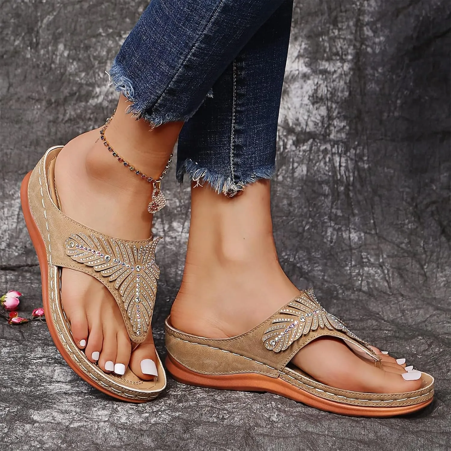 Arch Support Sandals Women's Dressy Orthopedic Comfortable Summer Flip Flop Peep Toe Hollow Out Wedge Flip Flops Casual Adjustable Breathable Walking Rhinestones Slippers