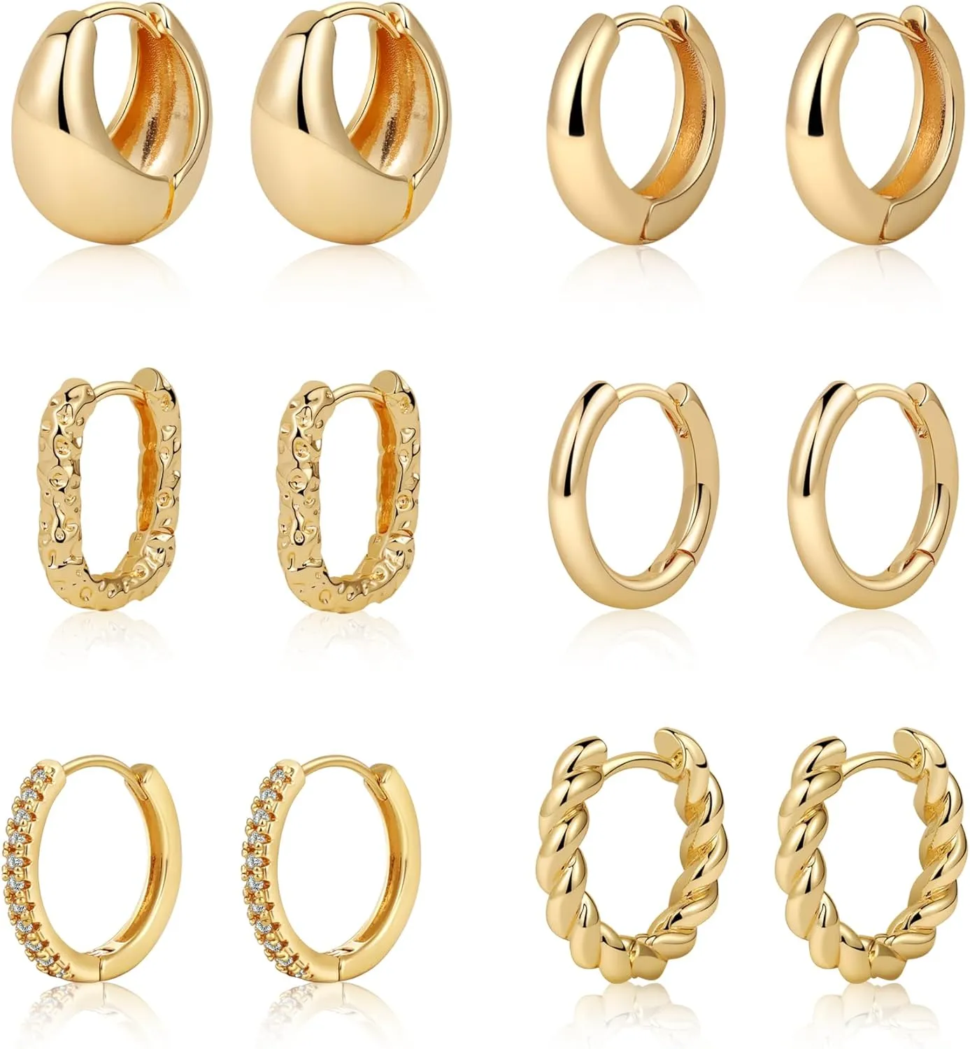 ASCOMY 6 Pairs Gold Hoop Earrings Set - Twisted Huggie Hoops 14K Gold/Silver/White Gold Plated Lightweight Hypoallergenic Chunky Open Hoop Earrings Set Jewelry Gifts for Women