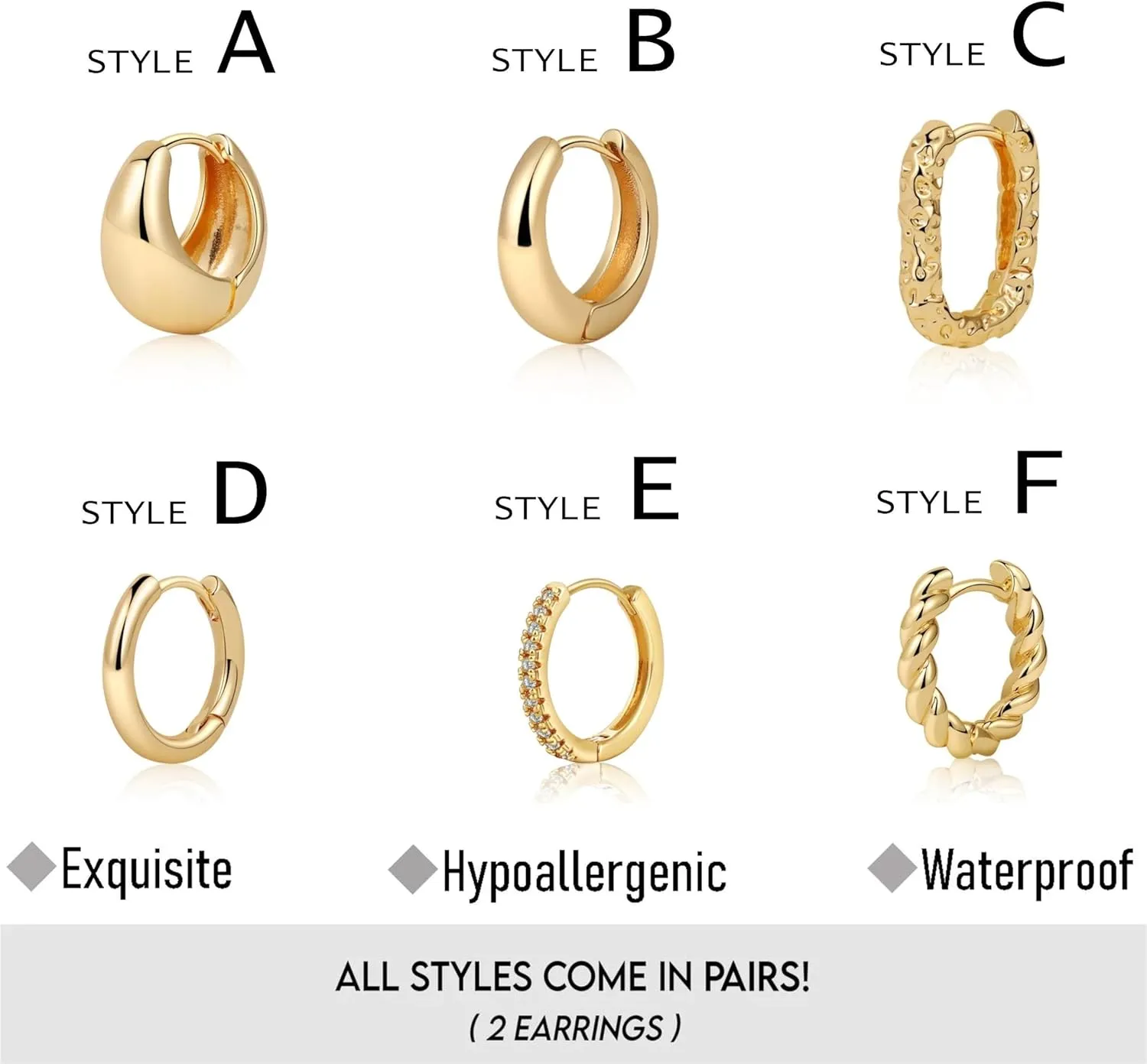 ASCOMY 6 Pairs Gold Hoop Earrings Set - Twisted Huggie Hoops 14K Gold/Silver/White Gold Plated Lightweight Hypoallergenic Chunky Open Hoop Earrings Set Jewelry Gifts for Women