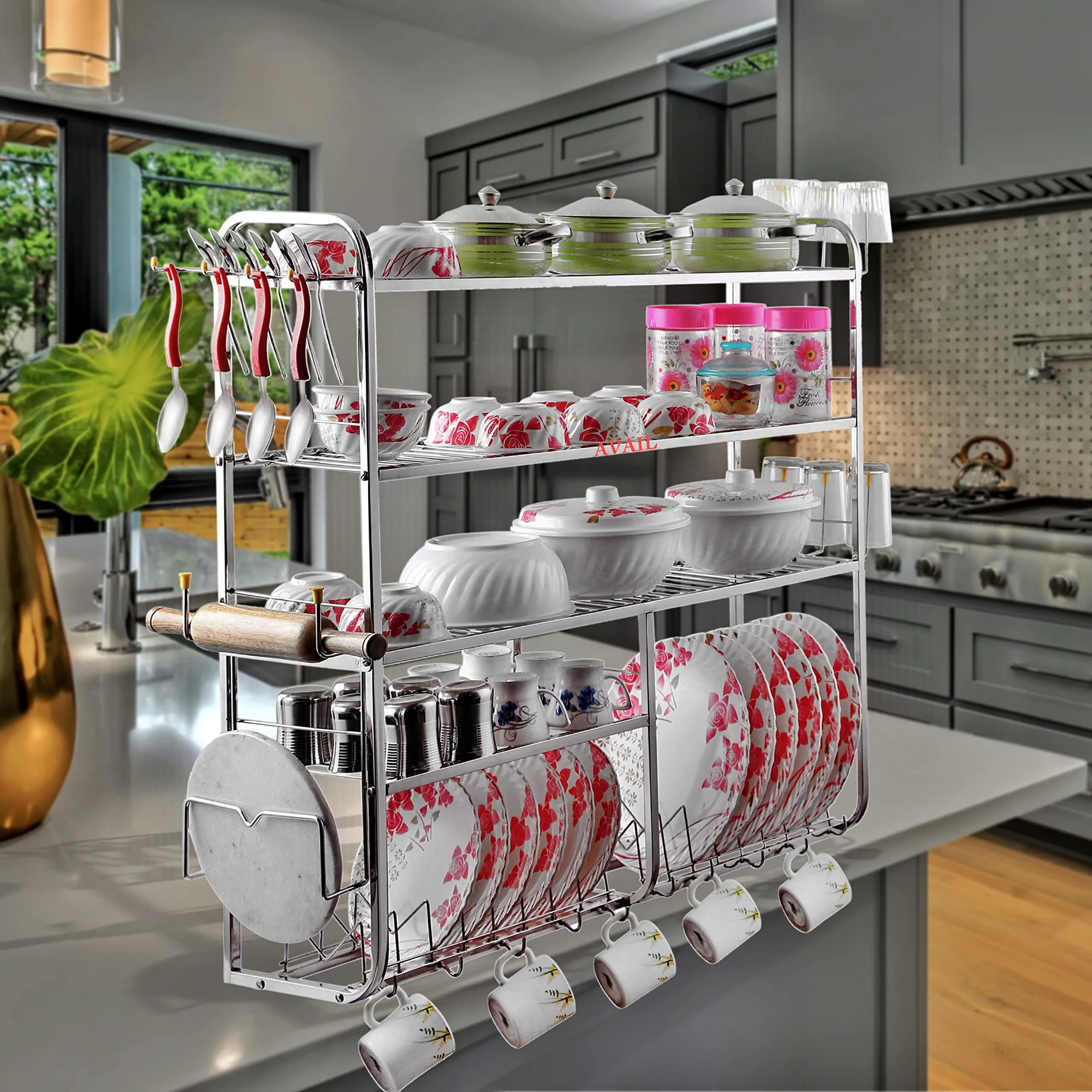 AVAIL Stainless Steel 5 Shelf Wall Mount Kitchen Racks | Dish Rack with Cutlery and Plate Kitchen Stand | Modular Kitchen Stand (31X30 Inches)