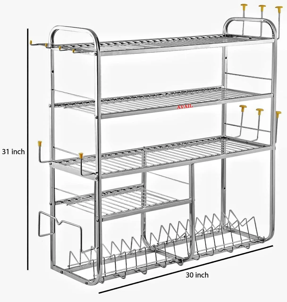 AVAIL Stainless Steel 5 Shelf Wall Mount Kitchen Racks | Dish Rack with Cutlery and Plate Kitchen Stand | Modular Kitchen Stand (31X30 Inches)