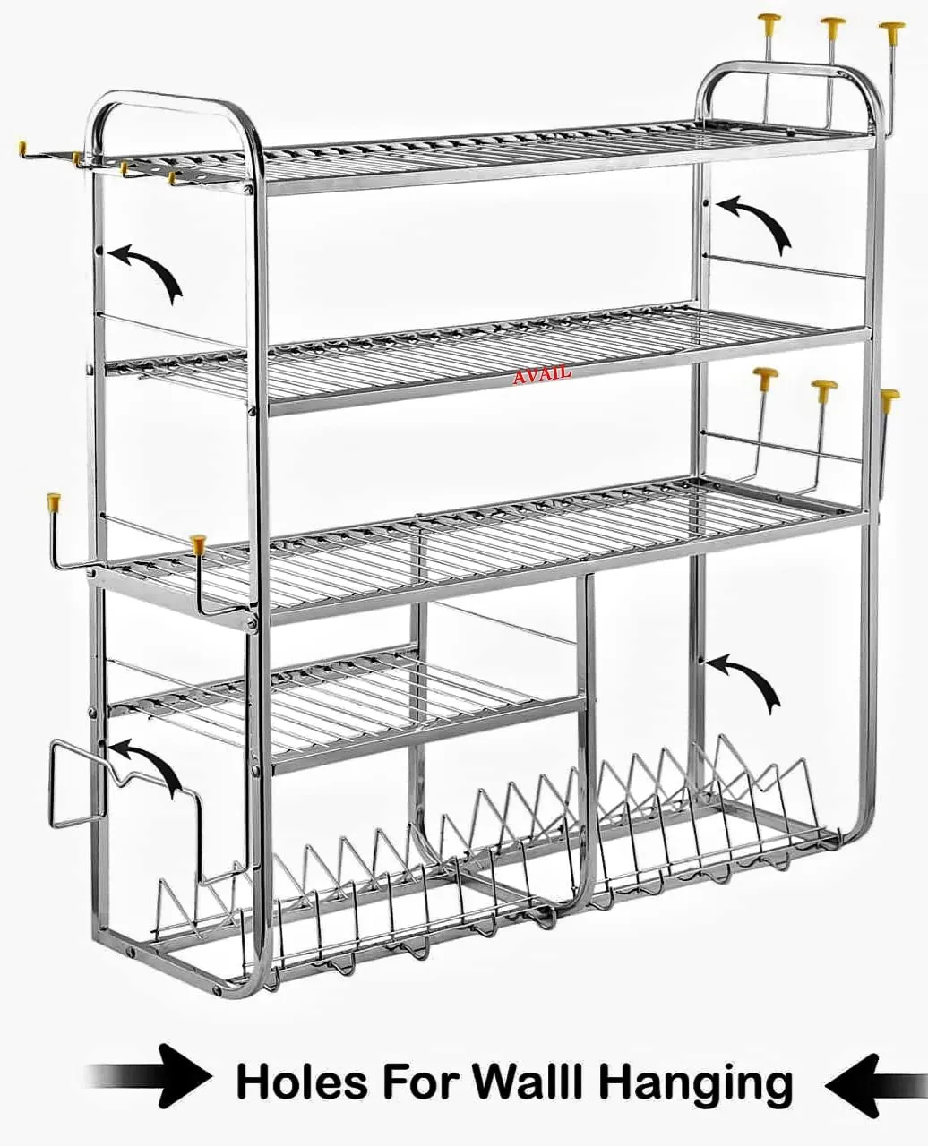 AVAIL Stainless Steel 5 Shelf Wall Mount Kitchen Racks | Dish Rack with Cutlery and Plate Kitchen Stand | Modular Kitchen Stand (31X30 Inches)