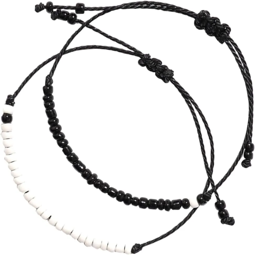 BESPORTBLE Bead String Bracelet Pair Black White Millet Beads Woven Knot String Matching Friendship Bracelets for Christmas or Birthday