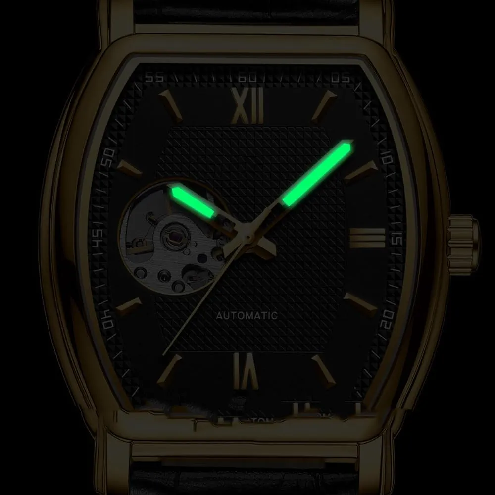 BESTKANG Men's Automatic Watch Tonneau Mechanical Movement Waterproof Fashion Leather Strap Wrist Watches for Men