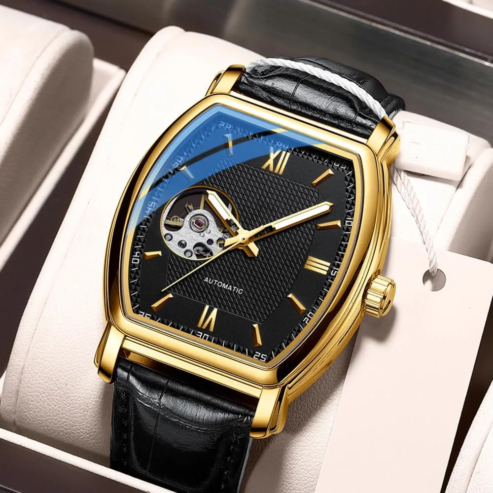 BESTKANG Men's Automatic Watch Tonneau Mechanical Movement Waterproof Fashion Leather Strap Wrist Watches for Men