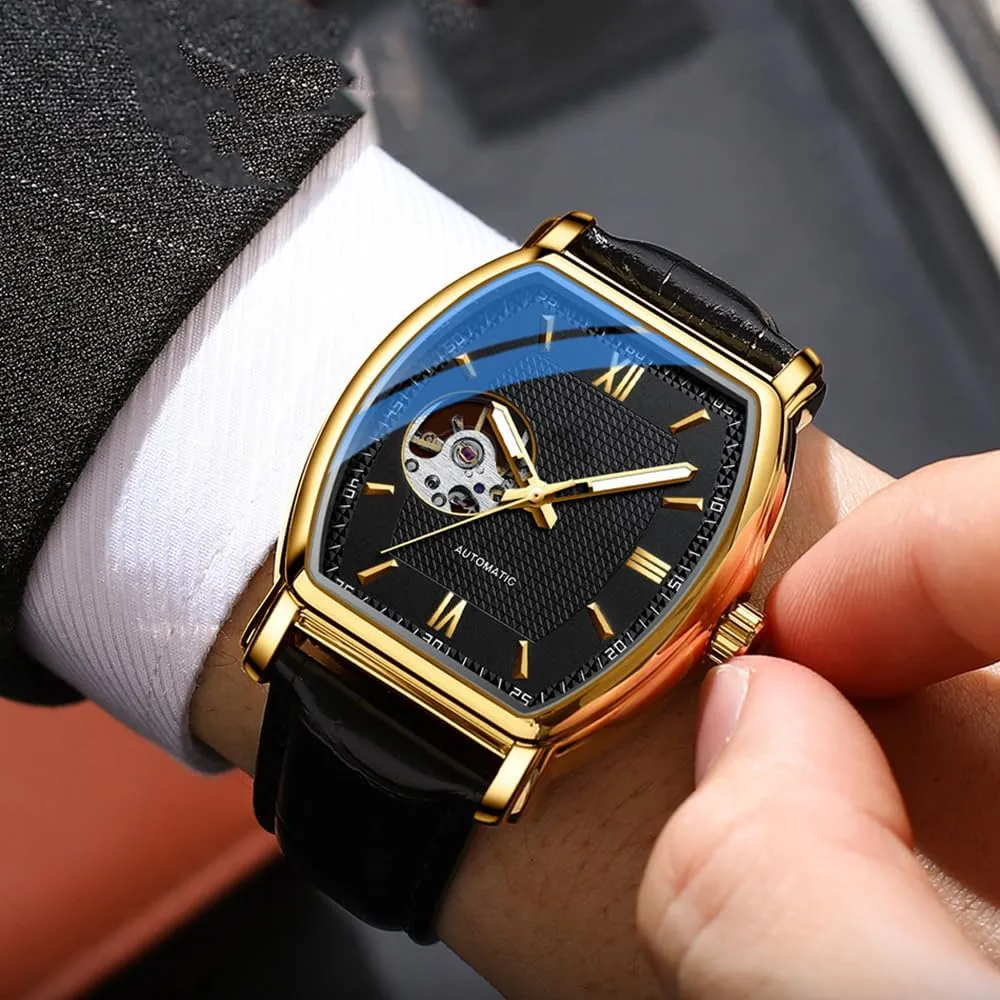 BESTKANG Men's Automatic Watch Tonneau Mechanical Movement Waterproof Fashion Leather Strap Wrist Watches for Men