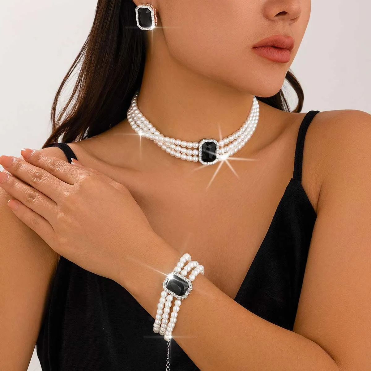 Brishow Pearl Necklace Jewelry Set Wedding Pearls Earrings Necklaces Set Bridal Crystal Bracelet Jewelry for Women (Pack of 3)