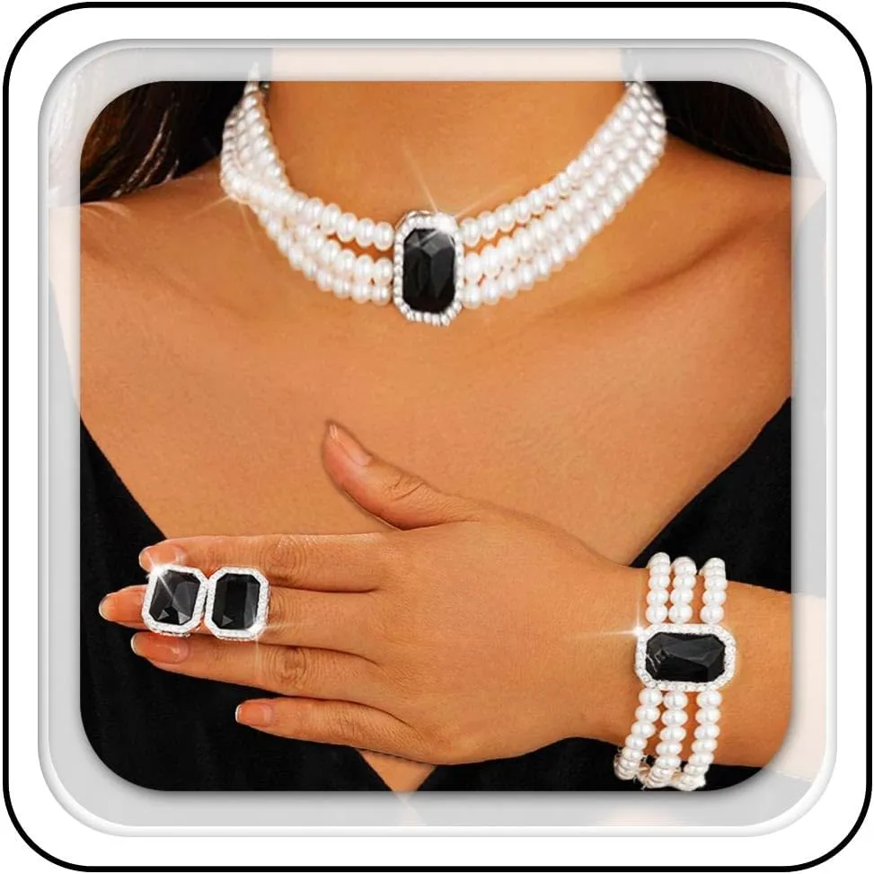 Brishow Pearl Necklace Jewelry Set Wedding Pearls Earrings Necklaces Set Bridal Crystal Bracelet Jewelry for Women (Pack of 3)