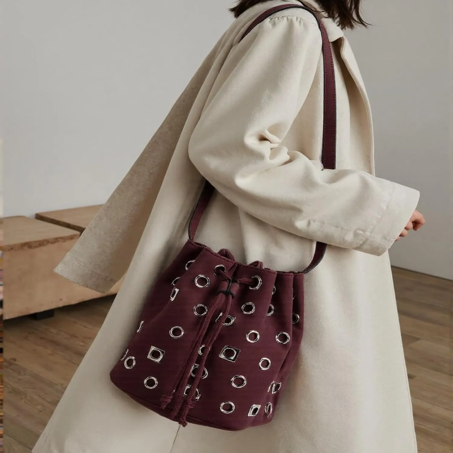 Bucket Punk Bag Suede Crossbody for Women Drawstring One-side Hollow Studded with Adjustable Shoulder Straps