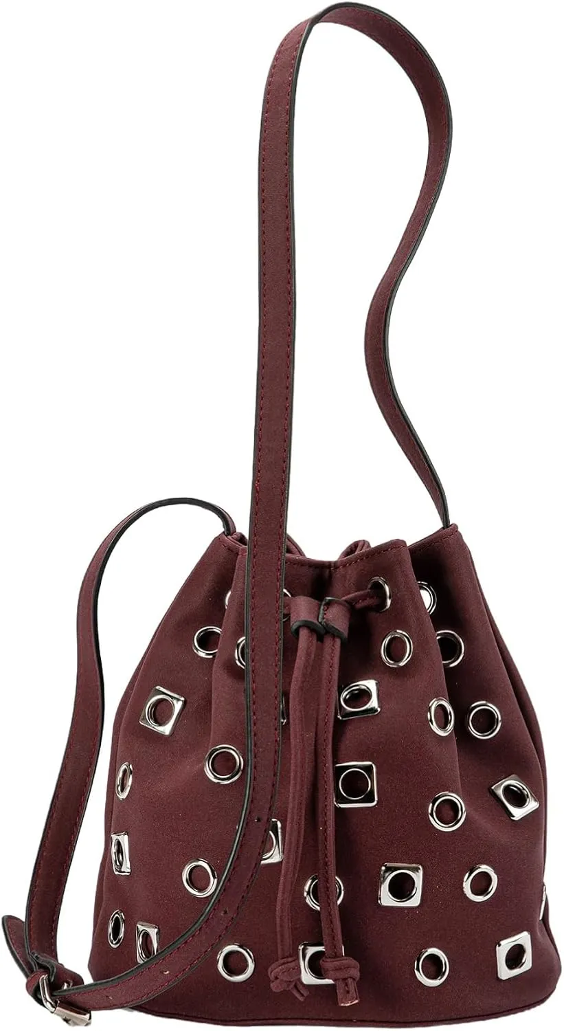 Bucket Punk Bag Suede Crossbody for Women Drawstring One-side Hollow Studded with Adjustable Shoulder Straps