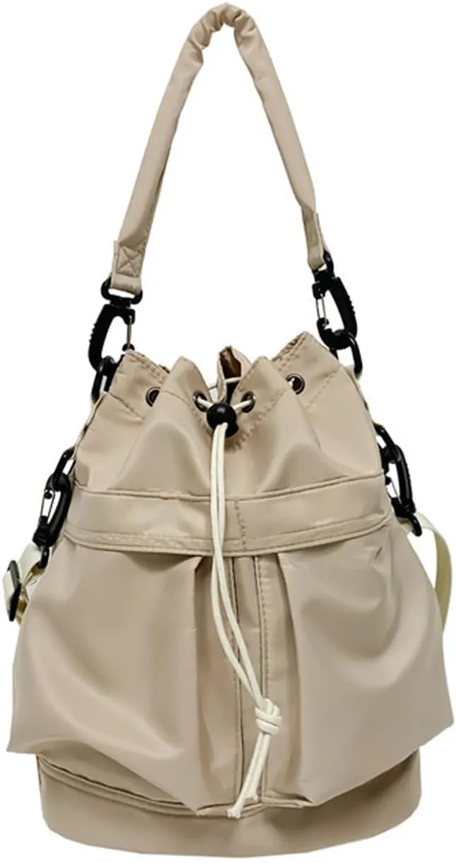 Bucket Shoulder Bags Drawstring Bucket Bag for Women Super Lightweight Nylon Crossbody Bag Tote Handbags for Travel Hiking (Khaki)