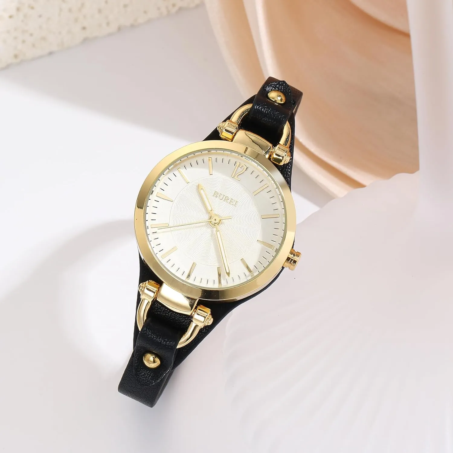 BUREI Women Watches Simple Leather Strap Quartz Watch Fashion Small Thin Ladies Watch Bracelet Band Wristwatch Relogio Feminino,Gift for Women(Brown and Black)