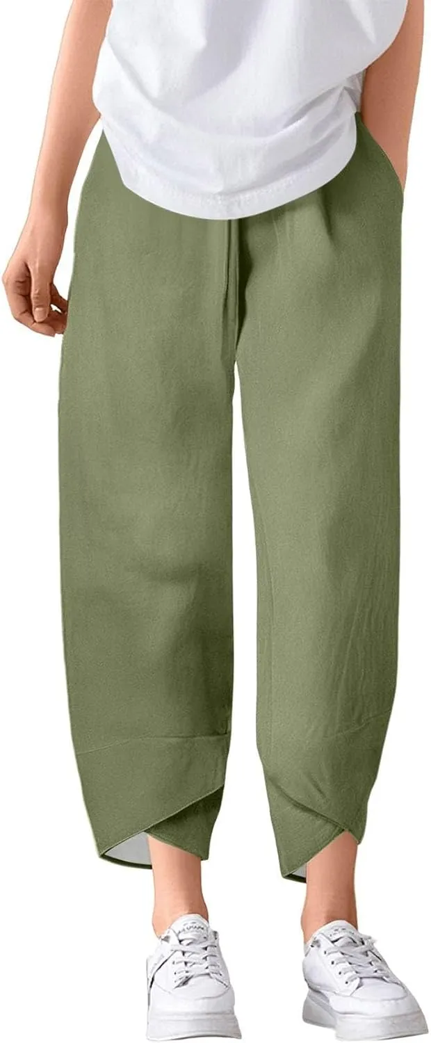 Capri Pants for Women- Cotton Flowy Stretch Casual Loose Jogging Workout Baggy Striped Trendy Travel Light Weight