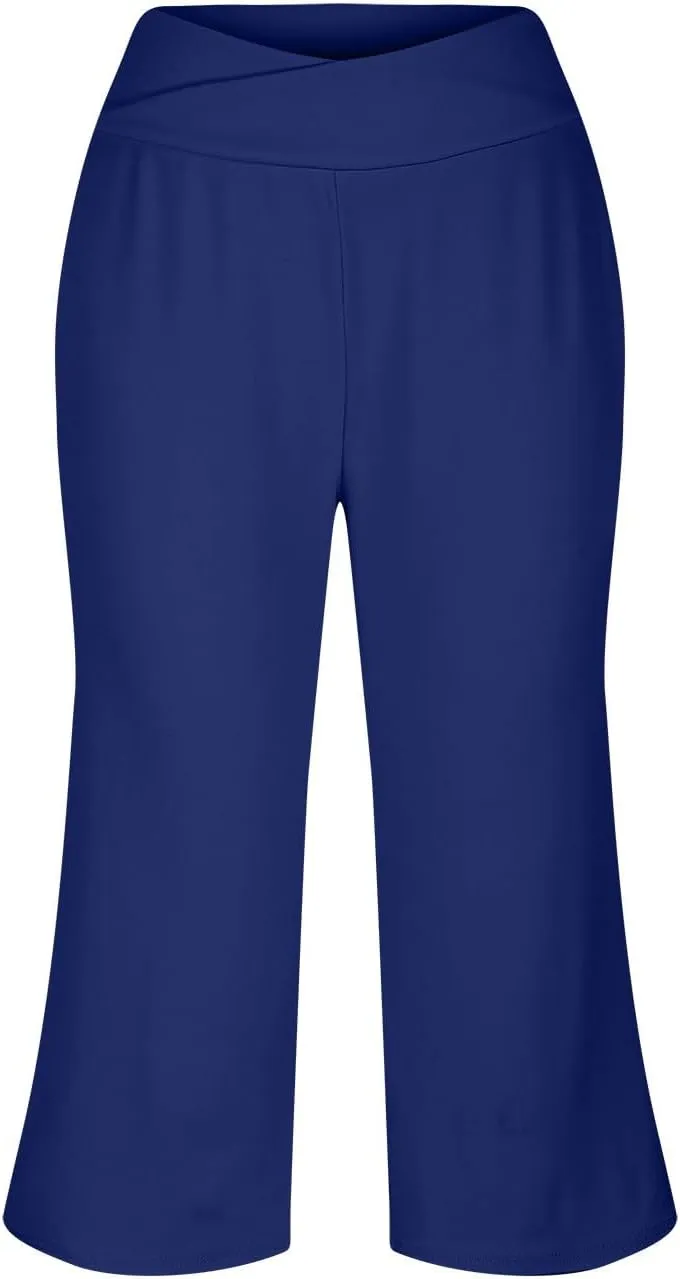 Capri Pants for Women Crossover High Waist Wide Leg Yoga Dress Capris Summer Casual Plus Size Crop Pants with Pockets