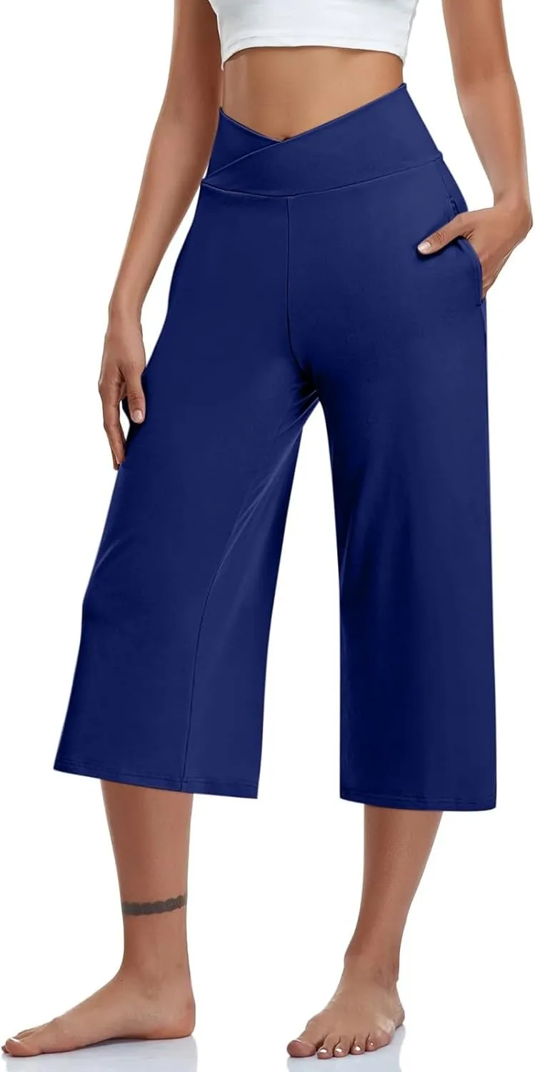 Capri Pants for Women Crossover High Waist Wide Leg Yoga Dress Capris Summer Casual Plus Size Crop Pants with Pockets