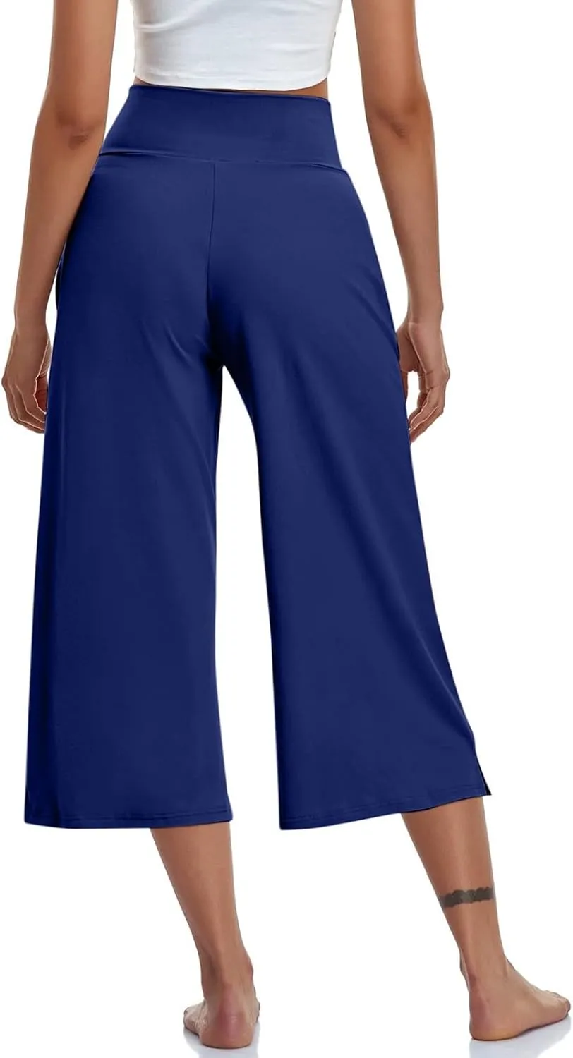 Capri Pants for Women Crossover High Waist Wide Leg Yoga Dress Capris Summer Casual Plus Size Crop Pants with Pockets