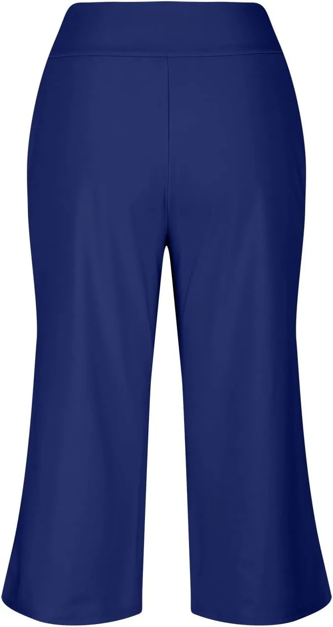 Capri Pants for Women Crossover High Waist Wide Leg Yoga Dress Capris Summer Casual Plus Size Crop Pants with Pockets