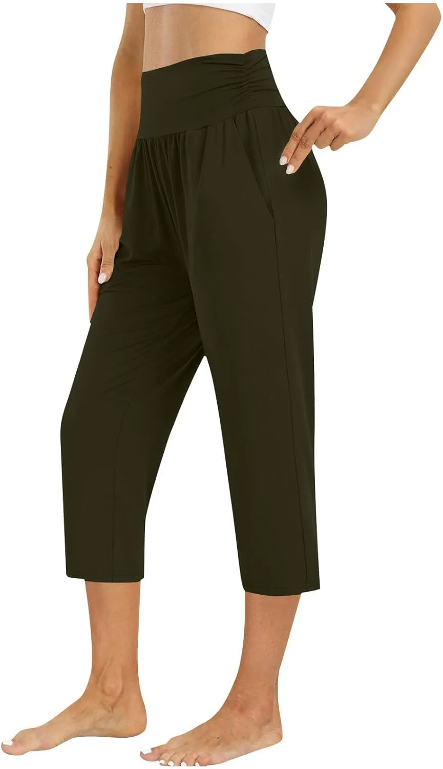Capri Pants for Women Pleated High Waisted Straight Leg Pants Summer Lightweight Cropped Trousers with Pockets