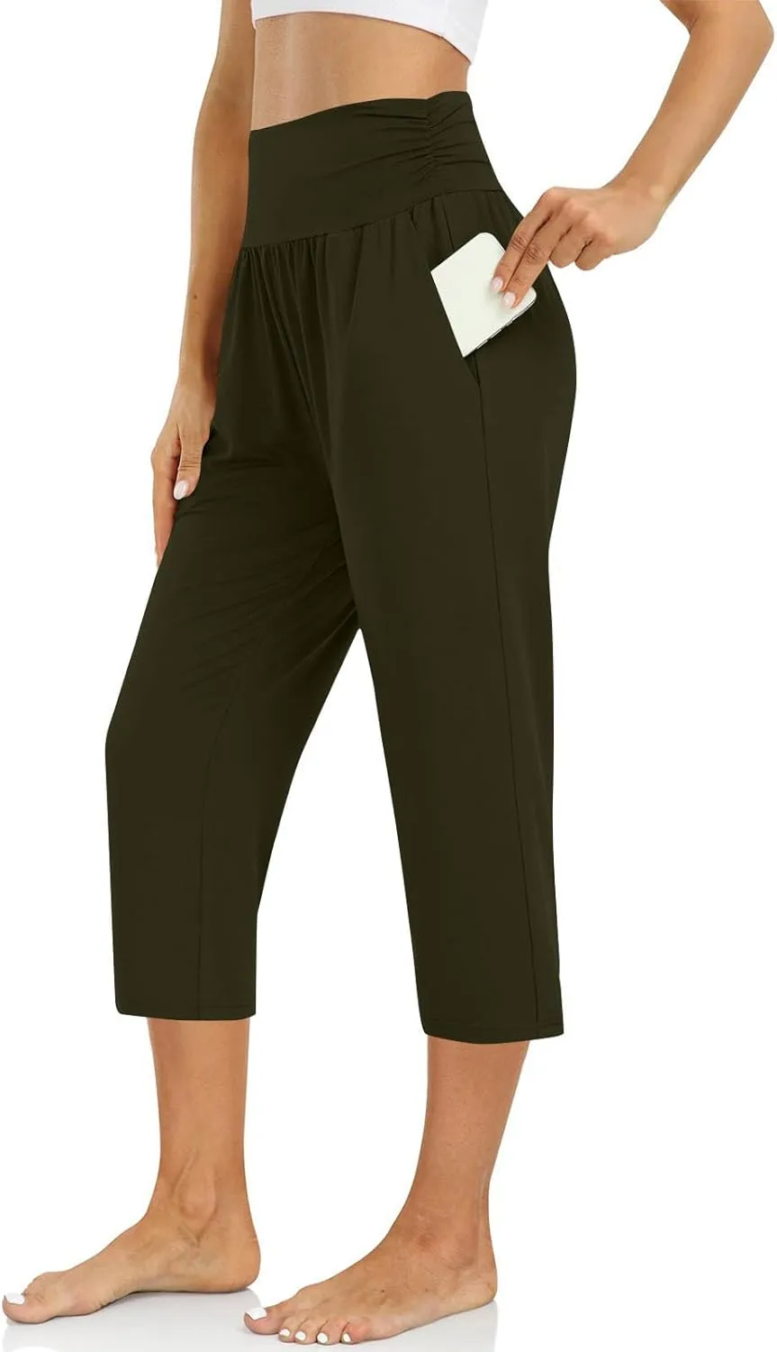 Capri Pants for Women Pleated High Waisted Straight Leg Pants Summer Lightweight Cropped Trousers with Pockets