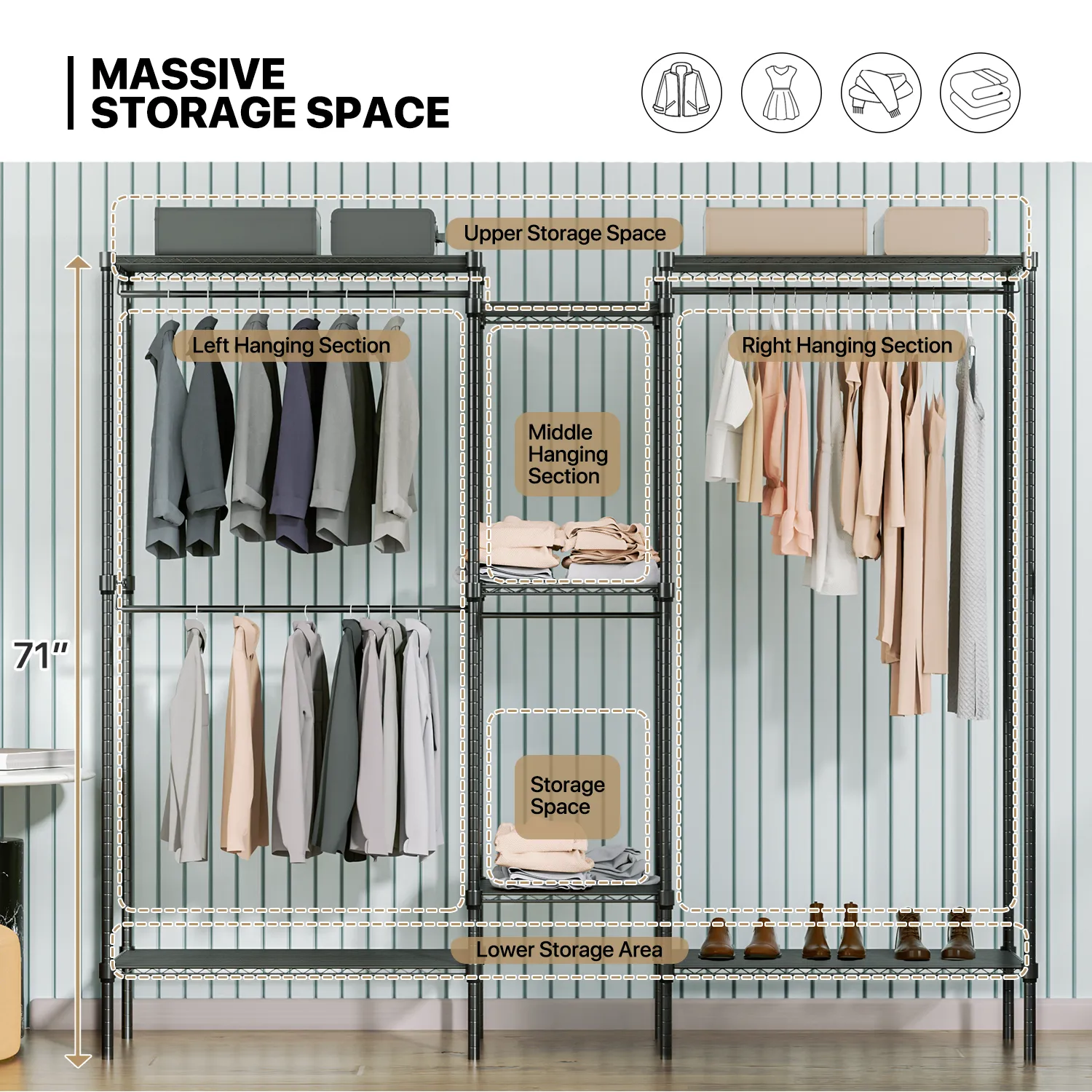 Carbon Steel Adjustable Clothes Rack - 79'' Length