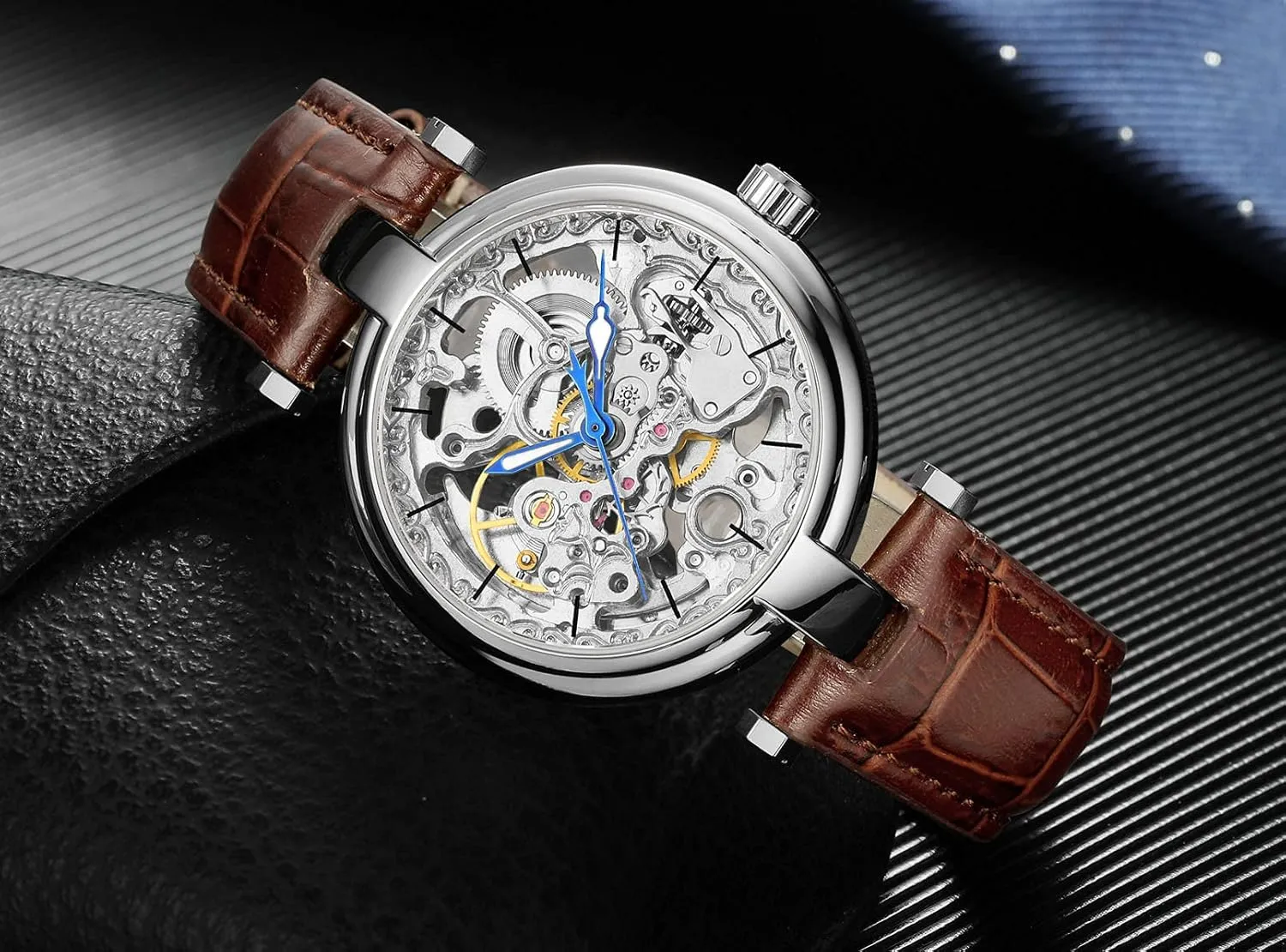 Carlien Skeleton Automatic Steampunk Watches Gold-Tone Luminous Hands Leather Strap Wrist-Watch