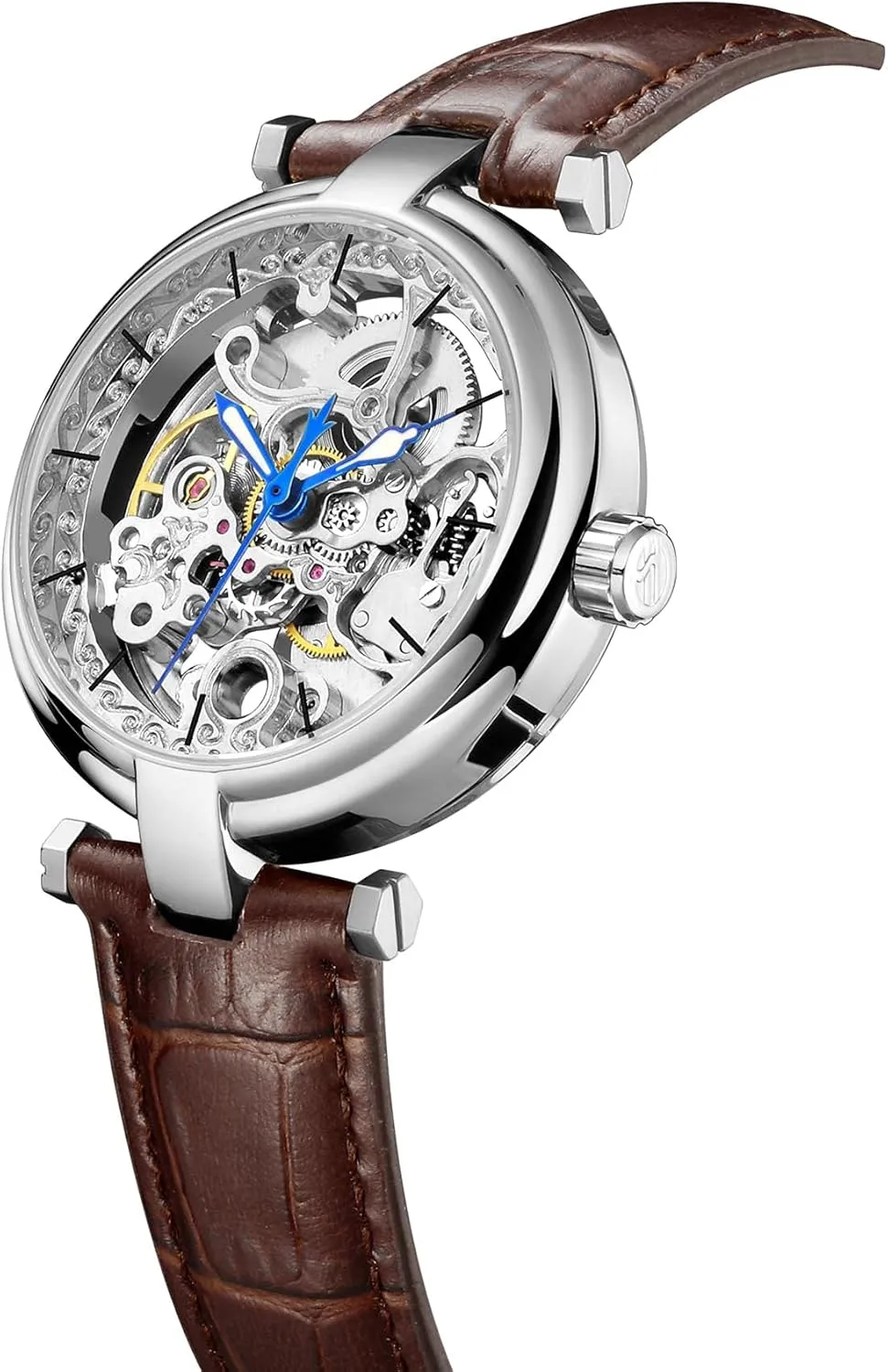 Carlien Skeleton Automatic Steampunk Watches Gold-Tone Luminous Hands Leather Strap Wrist-Watch
