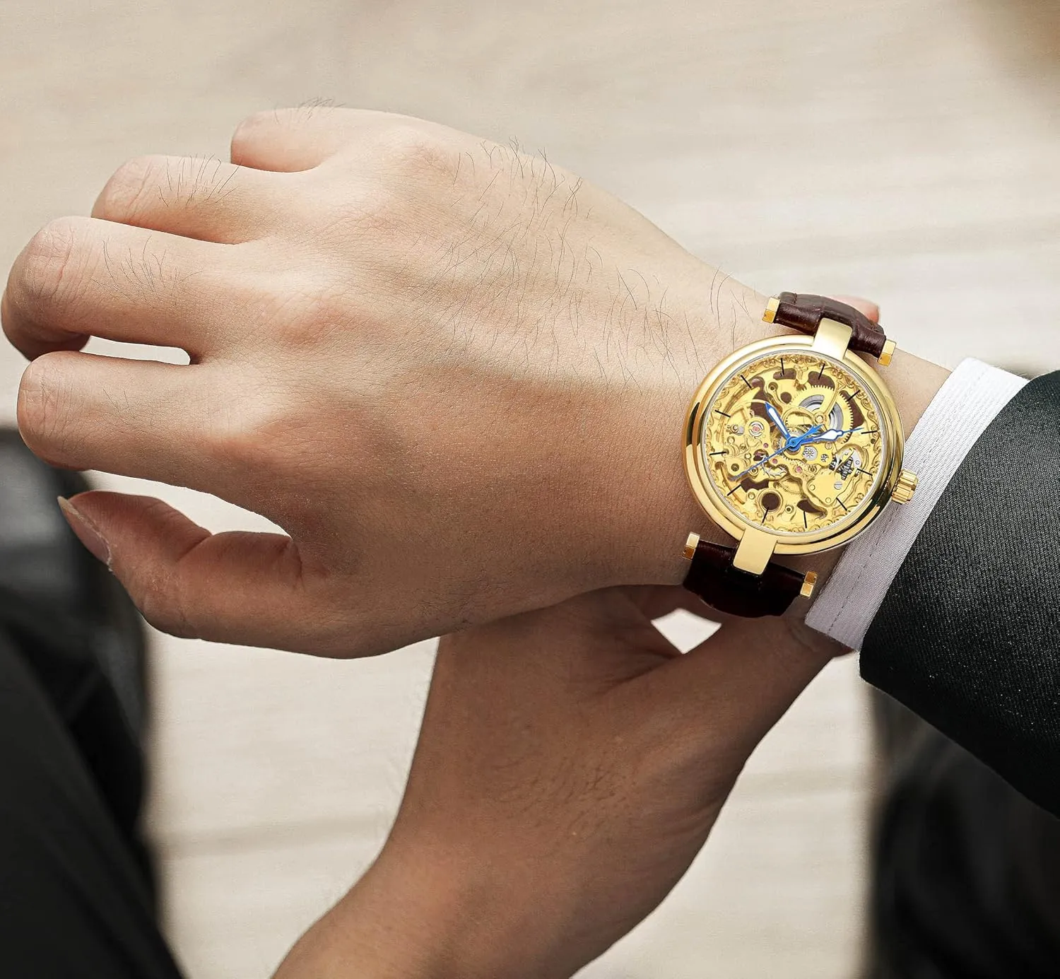 Carlien Skeleton Automatic Steampunk Watches Gold-Tone Luminous Hands Leather Strap Wrist-Watch