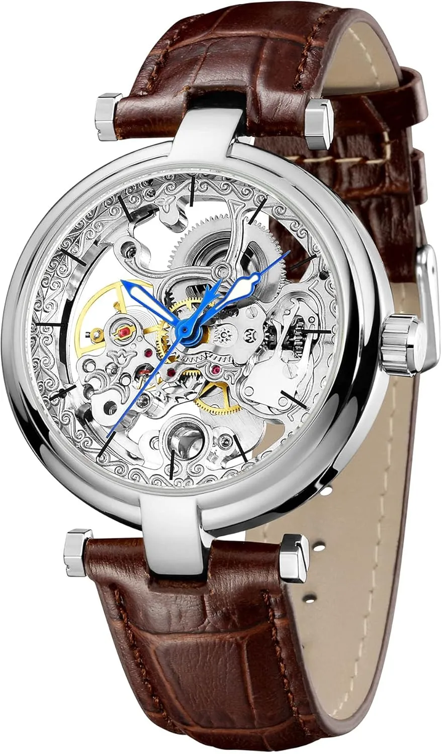 Carlien Skeleton Automatic Steampunk Watches Gold-Tone Luminous Hands Leather Strap Wrist-Watch