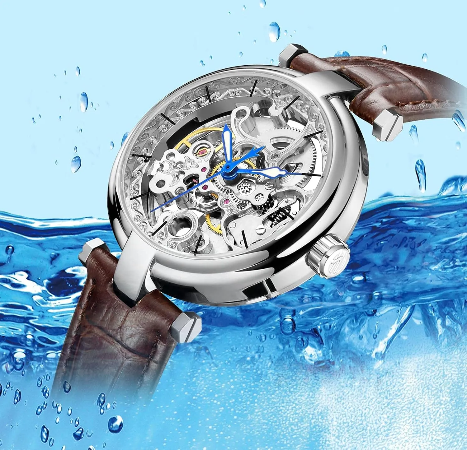 Carlien Skeleton Automatic Steampunk Watches Gold-Tone Luminous Hands Leather Strap Wrist-Watch