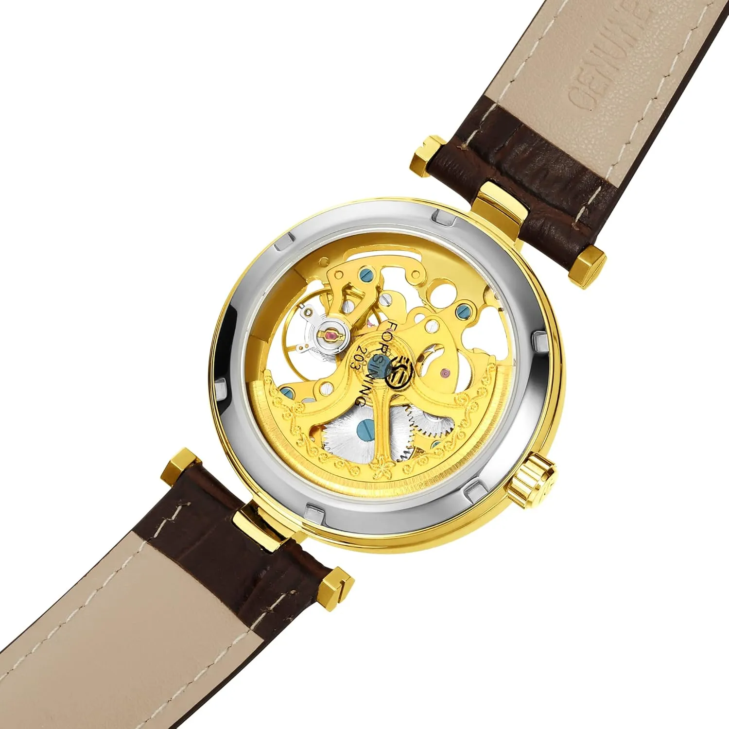 Carlien Skeleton Automatic Steampunk Watches Gold-Tone Luminous Hands Leather Strap Wrist-Watch