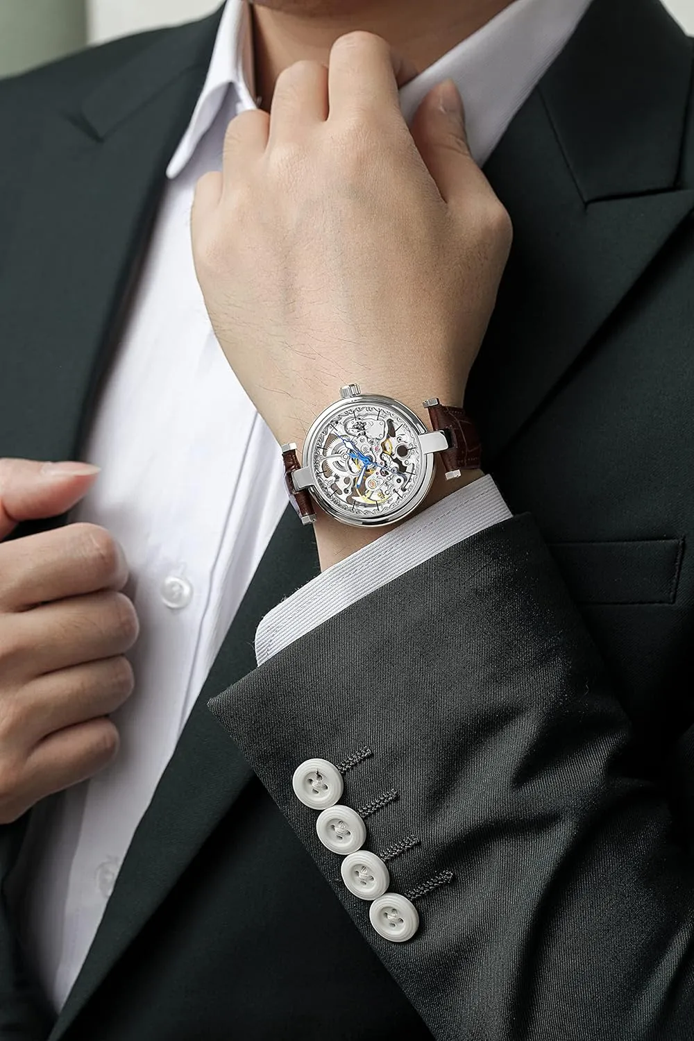 Carlien Skeleton Automatic Steampunk Watches Gold-Tone Luminous Hands Leather Strap Wrist-Watch