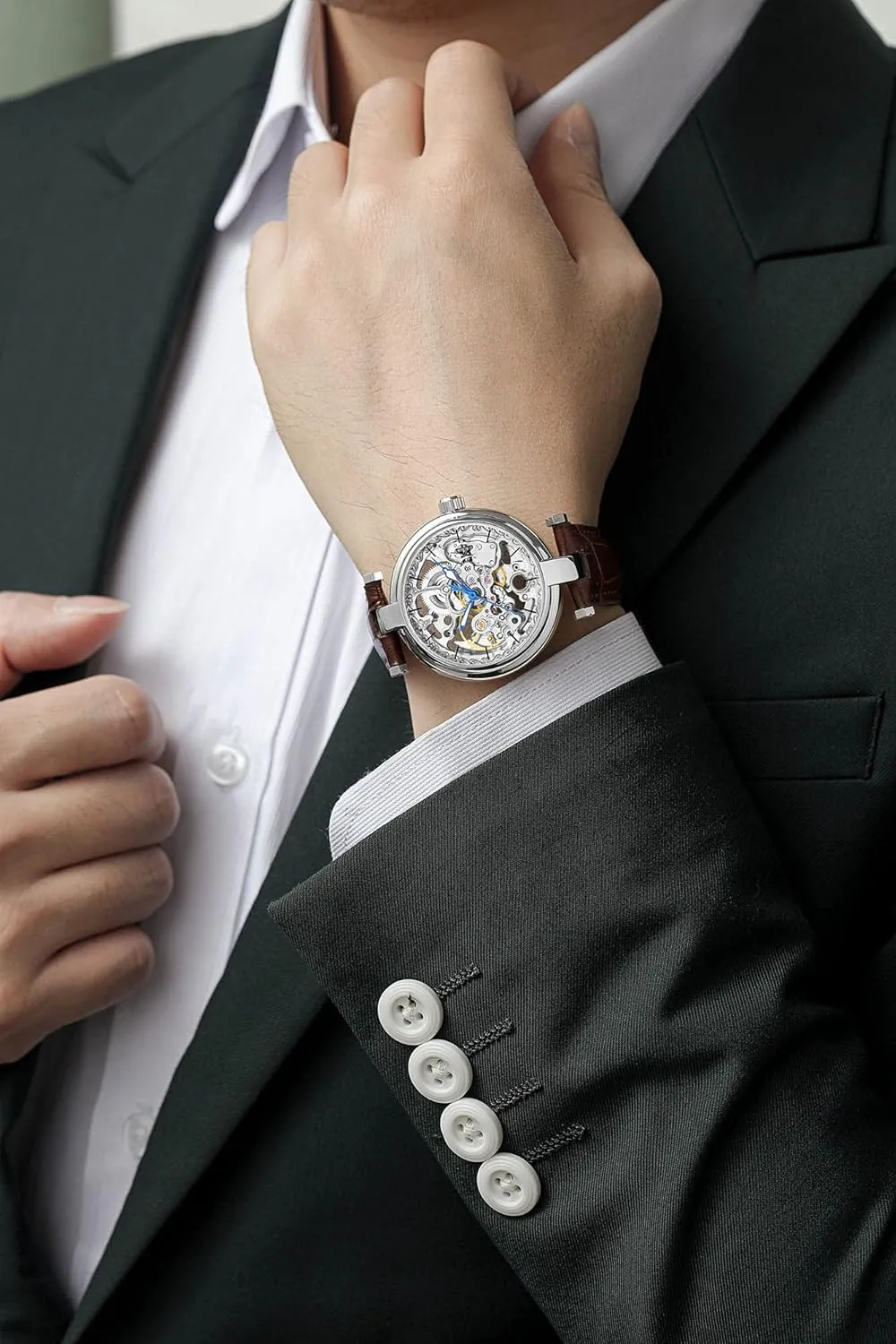 Carlien Skeleton Automatic Steampunk Watches Gold-Tone Luminous Hands Leather Strap Wrist-Watch