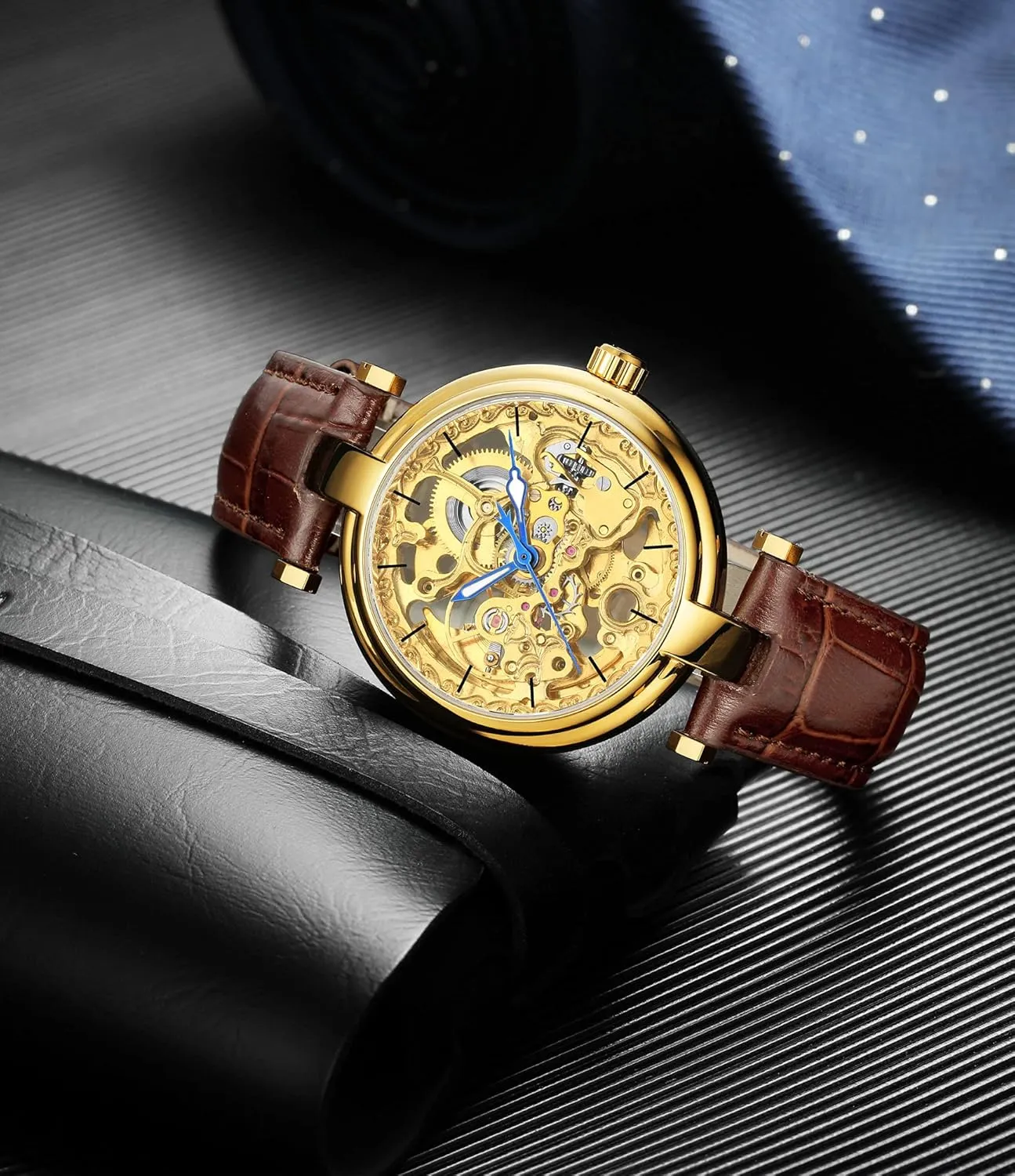 Carlien Skeleton Automatic Steampunk Watches Gold-Tone Luminous Hands Leather Strap Wrist-Watch