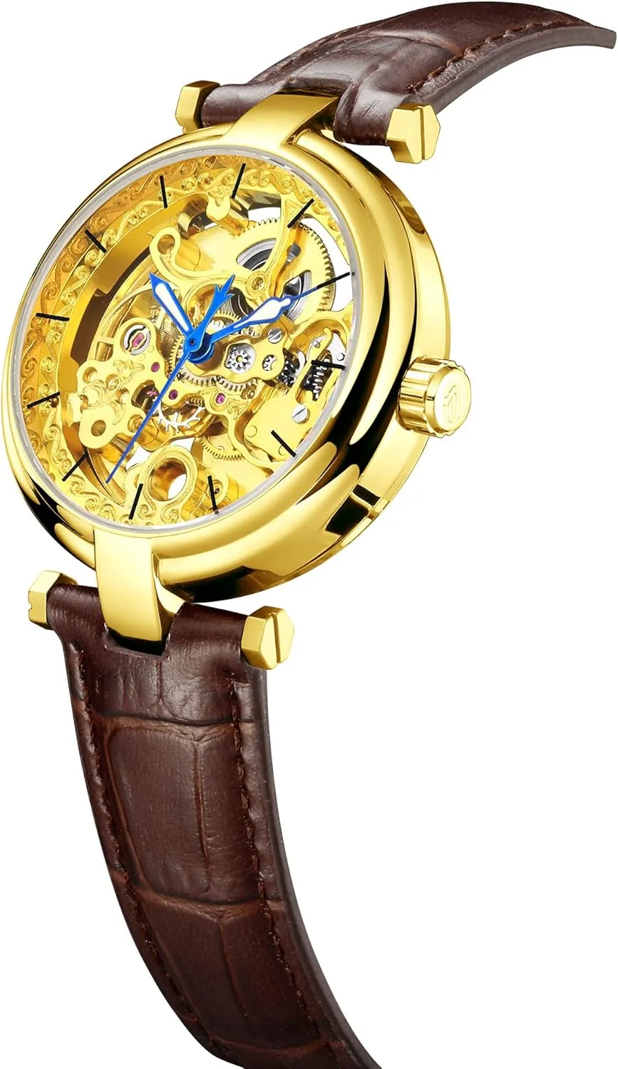 Carlien Skeleton Automatic Steampunk Watches Gold-Tone Luminous Hands Leather Strap Wrist-Watch