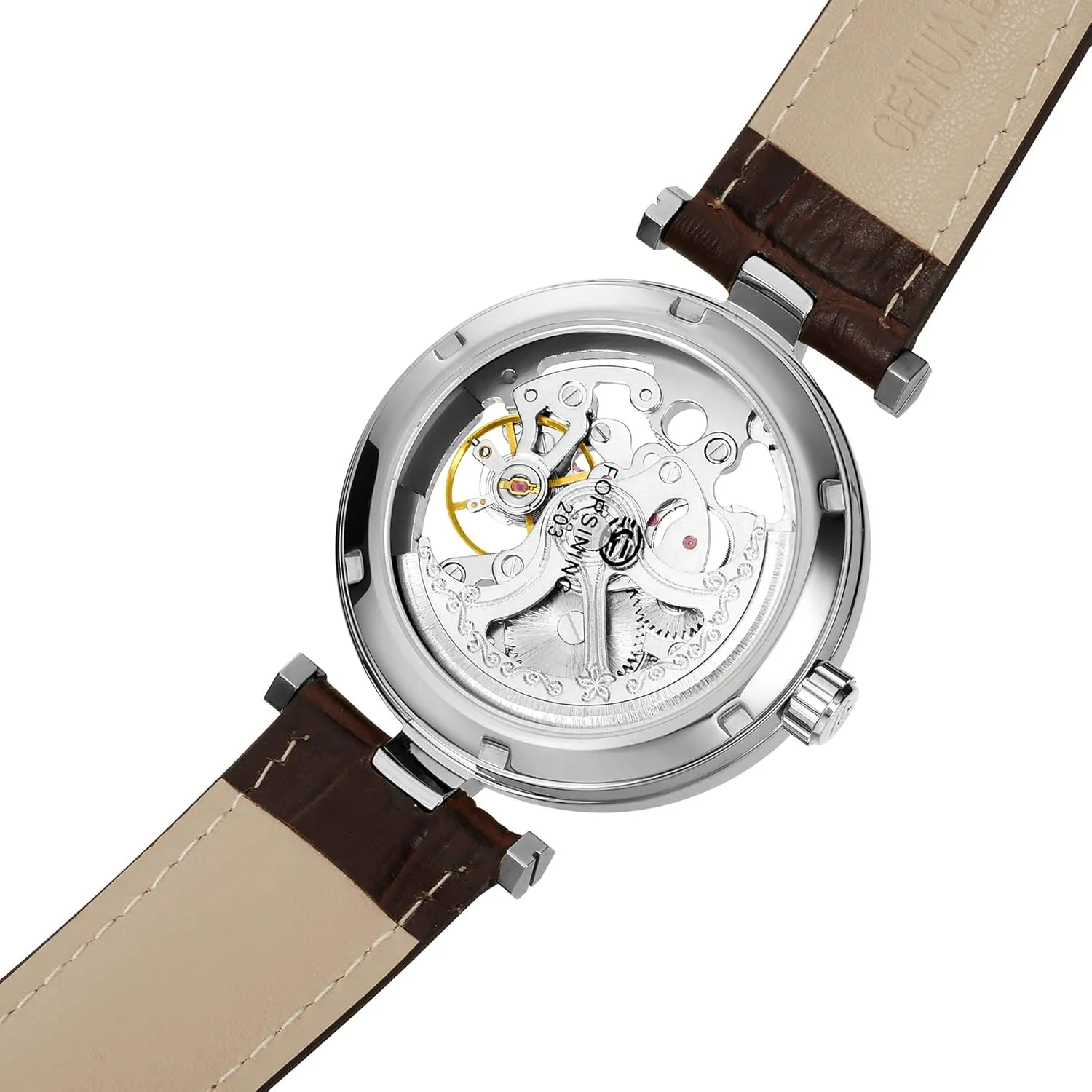 Carlien Skeleton Automatic Steampunk Watches Gold-Tone Luminous Hands Leather Strap Wrist-Watch