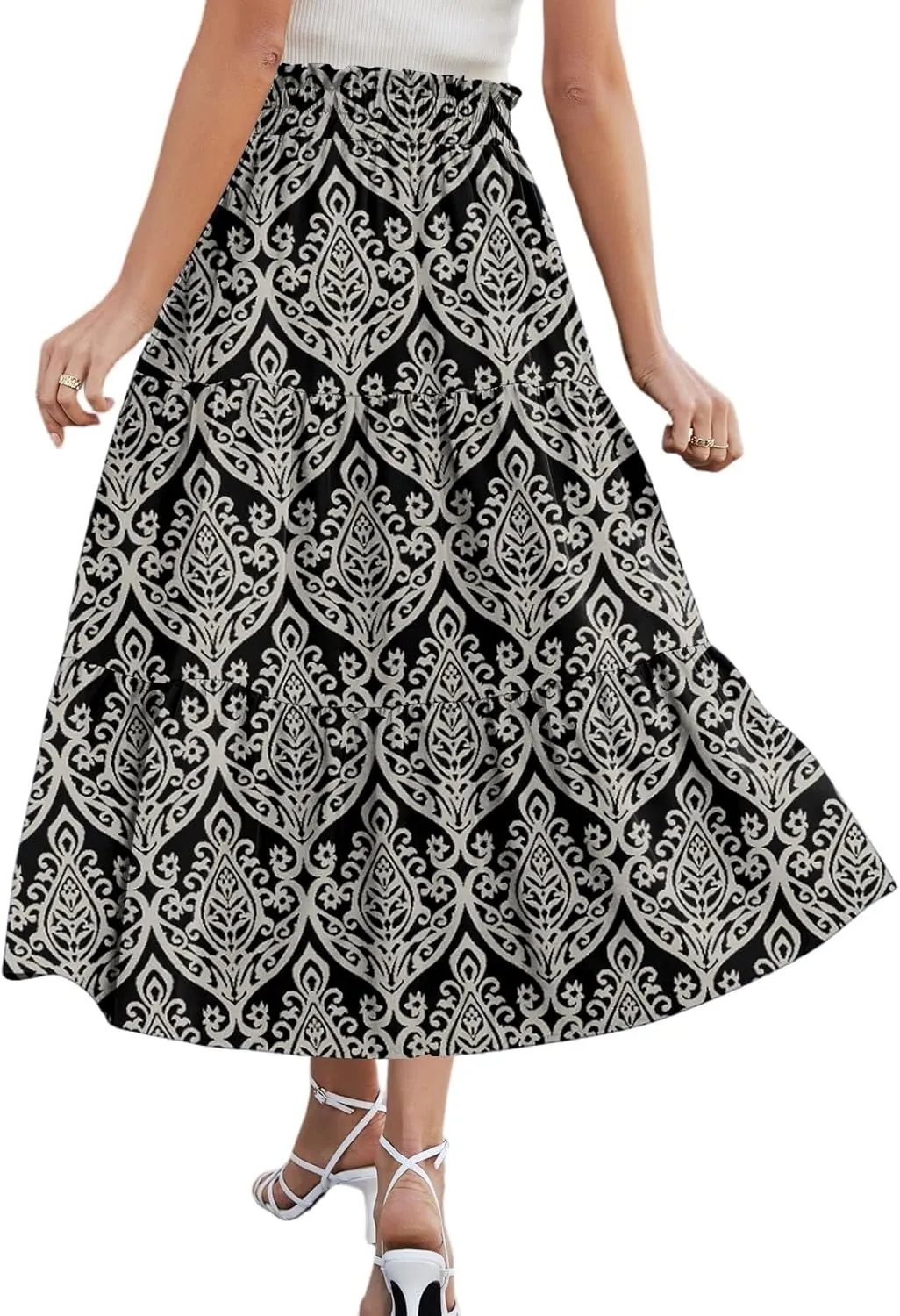 Casual Skirts for Women Summer High Waisted Wrap Midi Skirt Swing A-Line Floral Print Knee Length Skirt with Pockets