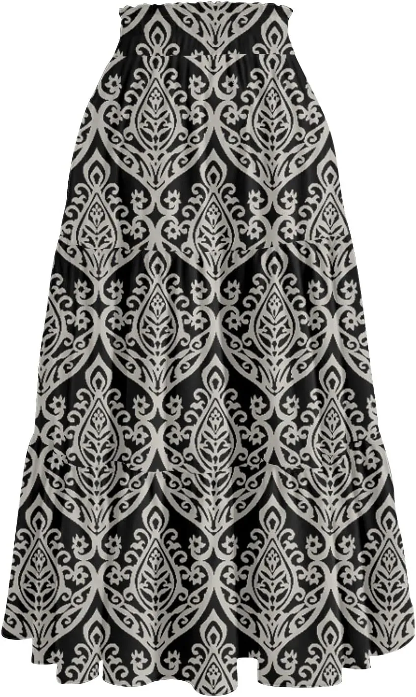 Casual Skirts for Women Summer High Waisted Wrap Midi Skirt Swing A-Line Floral Print Knee Length Skirt with Pockets